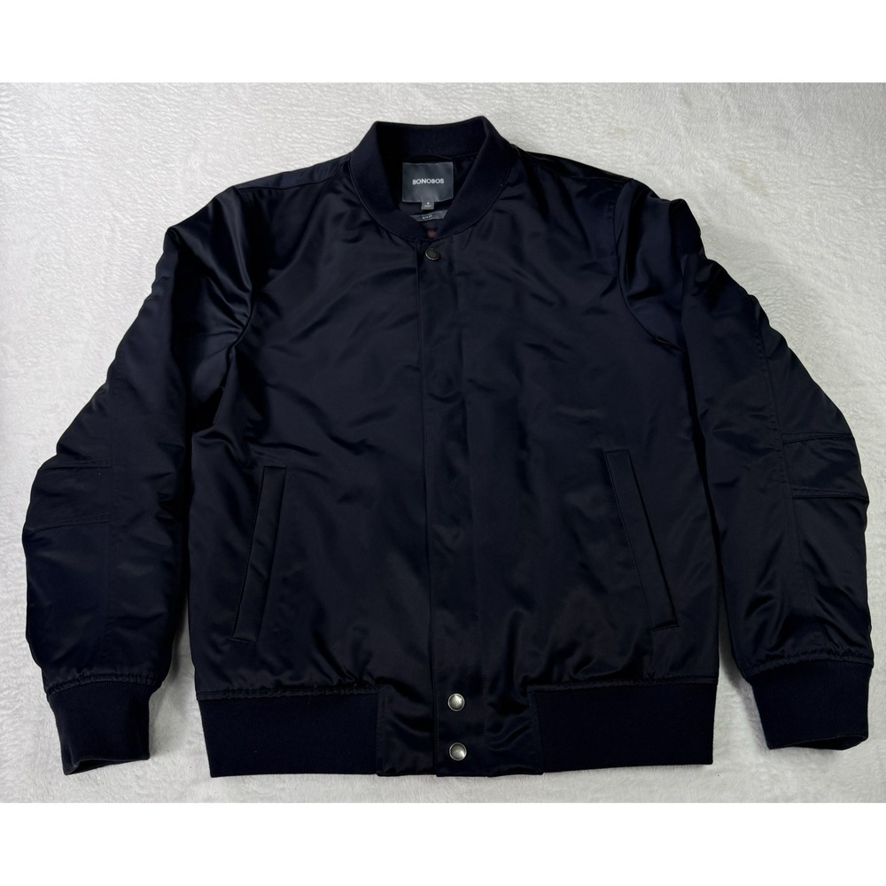 Bonobos The Boulevard Bomber Jacket Mens Medium Navy‎ Blue Slim Fit Satin